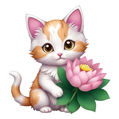 Kitten holding a bouquet of lotus flowers sticker