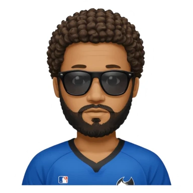 Black man with black sunglasses and curly short
 hair with a full beard and sideburns in a mavericks jersey sticker