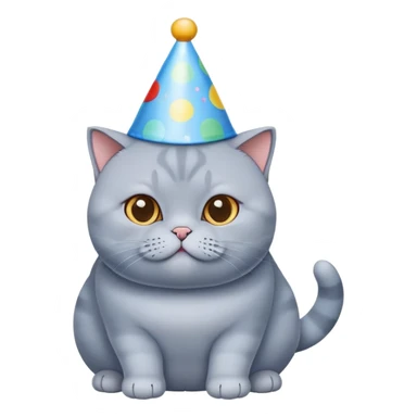 British shorthair blue cat with round face and chubby cheeks wearing a colorful birthday hat sticker