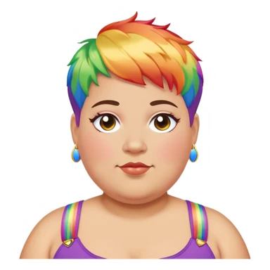 Overweight nonbinary person with rainbow pixie cut wearing pride pins sticker