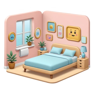 cozy clean room with neatly organized objects, simplified human character standing peacefully, feeling satisfied and calm, sense of order and balance, flat custom emoji sticker, pastel colors, rounded shapes, minimal details, thick outline, white background, no text sticker