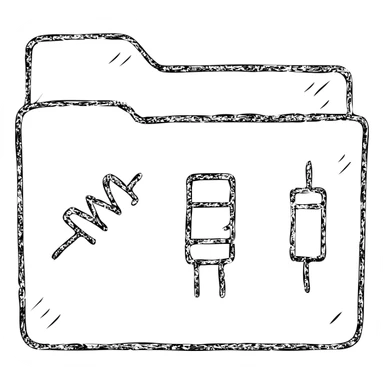 hand-drawn outlined folder icon with electric parts, sketchy style, visible resistors and capacitors sticker