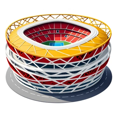Beijing National Stadium Bird's Nest Olympic structure, simplified emoji style with bold outlines and bright colors, cartoon style modern nest-like building sticker