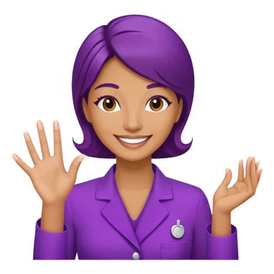 Woman cosmetologist in purple salon uniform with hand raised, smiling sticker