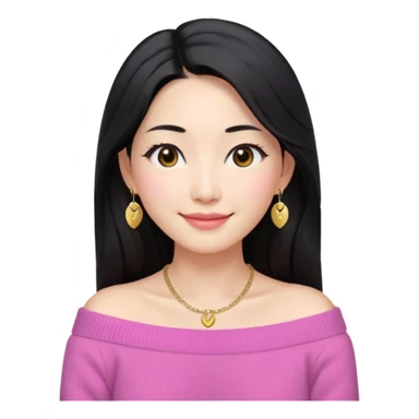 South Korean girl in her mid-thirties with long black hair and a middle part. She is wearing a pink colored, off the shoulder long sleeve knit sweater. She has small gold earrings and a gold necklace. She has brown eyes with narrow, mono lid shape and smiling with lips together sticker