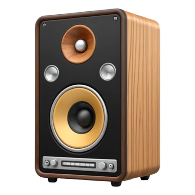 3D render of Speaker Stack, vintage 1980s audio equipment aesthetic, tactile analog buttons, matte black cabinet with a large white cone center, mixed wood grain and brushed aluminum textures, Apple emoji style, isolated on white background --v 6.0 sticker