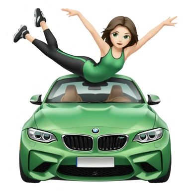 Beautiful Caucasian girl with green eyes realistic portrait of girl doing the splits on the hood of BMW M2 car sticker