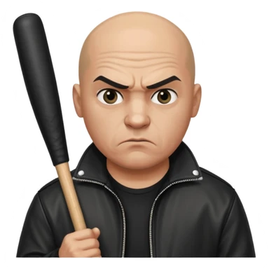 Bald Russian 1990s gangster emoji, leather jacket, , serious angry face with a bat sticker