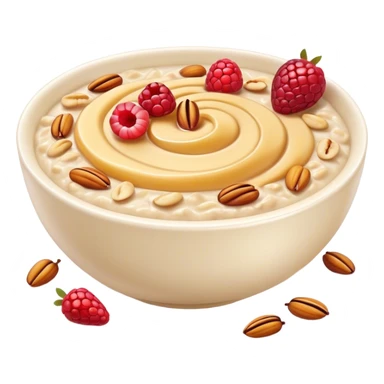 Cinematic creamy oatmeal, smooth texture with a swirl of honey on top, garnished with fresh berries and nuts, warm and comforting, cozy golden tones, rich and delicious. sticker