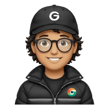 Young man wearing a black puffer jacket, black baseball cap with a small logo, round black glasses, wavy hair peeking out from under the cap, smiling. use dropcourse logo for cap and colouring for the puffer jacket sticker
