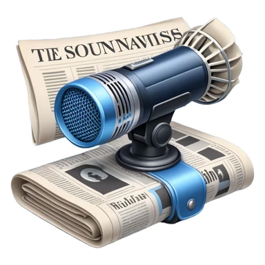 An icon featuring a microphone, a newspaper, and a camera, representing journalism and mass media. The design includes soundwaves and headlines, symbolizing the spread of information and news. Transparent background highlights the power of communication and media. sticker