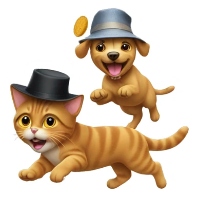Cat chasing a dog with a hat sticker