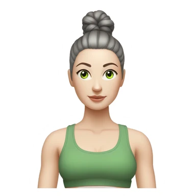 Pale skinned fit woman In a gray tight yoga suit and wristbands With ash black hair in a bun and green eyes doing yoga sticker