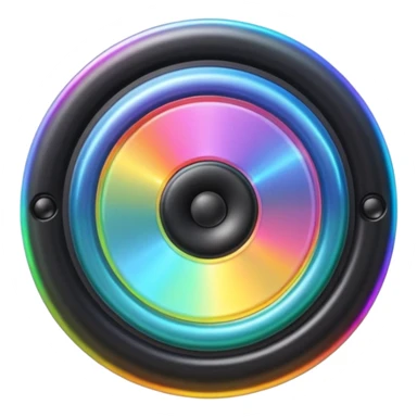 A speaker emoji 🔊 with a smooth CD-like surface that reflects rainbow iridescent colors, glowing RGB light ring around the edge, shiny plastic body, prismatic reflections shifting across the front, soft sparkles and light gleams, holographic sheen, clean simple shape, bright colorful highlights sticker