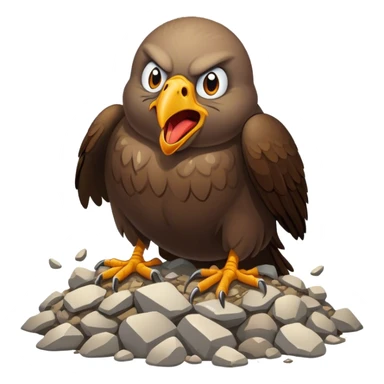 Generate a buzzard with a rock like body and head that is drooling and is very stupid. Make it have an evil look on it's face. Have it flying over a pile of scum.  sticker