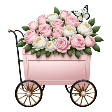 A nostalgic Parisian flower cart, overflowing with freshly picked pale pink roses and white peonies, its golden wheels glistening under the soft glow of lantern light, with pearl butterflies resting on the floral arrangements.
 sticker