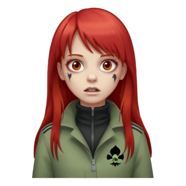 Crie um emoji de uma menina zumbi  com o cabelo vermelho longo com uma franja reta casaco de gola alta da adidas sticker