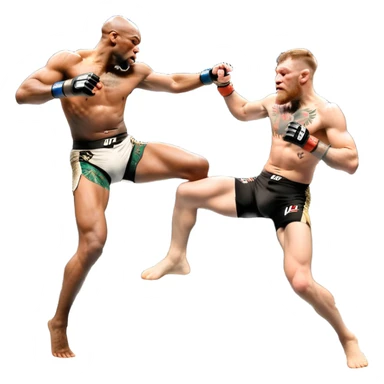 An MMA showdown between Conor McGregor and Anderson Silva in the octagon. McGregor is executing a jumping strike, while Silva skillfully deflects the attack. The background shows the UFC octagon with roaring fans and vibrant energy. Transparent background. sticker