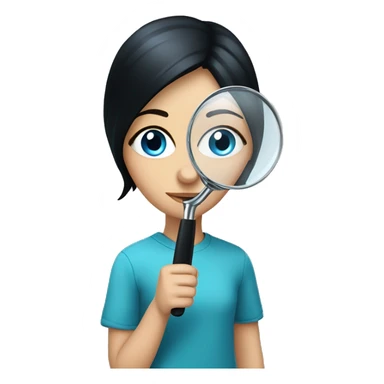 white girl with black hair and blue eyes playing with magnifying glass sticker