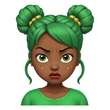 Create a 3D cartoon-style girl character with dark skin, round face, angry expression, big wide eyes, and tightly styled double buns made of green beaded hair. The girl should look irritated, eyebrows sharply angled, and lips pressed in a frown. sticker