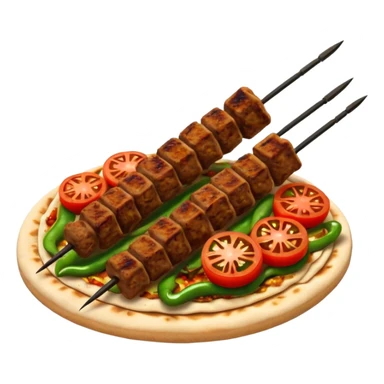 Adana kebab object icon, spicy grilled minced meat skewer, served on flatbread, grilled tomatoes and green peppers on the side, smoky char marks, juicy texture, 3D cartoon, mobile game icon style, centered, clean background, no text, no watermark
 sticker