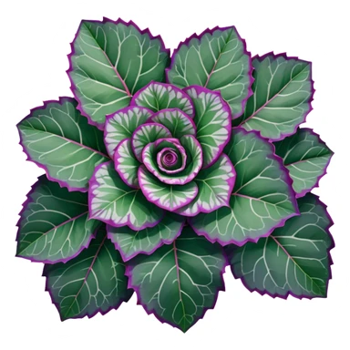 Top-down view of Begonia Rex plant showing spiral leaf patterns from above, dark green leaves with purple edges and white spots sticker