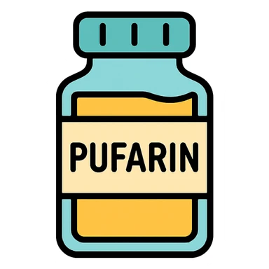 PUfarin represented as a medicine bottle with a clear label, modern icon style sticker
