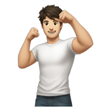 dark haired white young man in white t-shirt raising both fists high over head in victory sticker