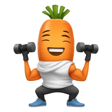 Generate an energetic carrot emoji wearing a sweatband, lifting tiny dumbbells, and looking motivated. sticker