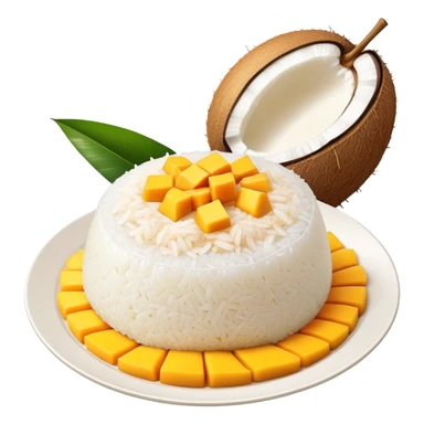 cinematic-realistic-mango-sticky-rice-dessert-emoji,-showcasing-sweet-sticky-rice out of a mould-paired-with-ripe-mango-slices-and-coconut-milk-rendered-with-lifelike-detail-and-warm,-inviting-lighting with the coconut  milk over the rice sticker