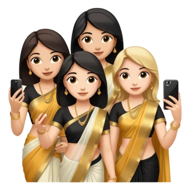 Three girls taking selfie one is wearing white saree second is wearing golden saree and the third is wearing black saree sticker