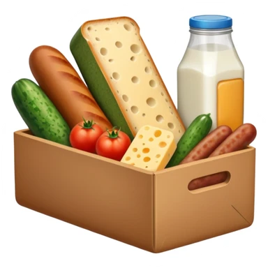 a box of groceries, sausage, cheese, canned meat, herbs, milk, tomatoes, cucumbers, and a loaf of bread sticker