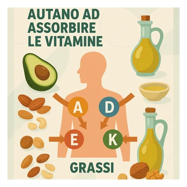 educational infographic with stylized human body, healthy fat sources avocado, oil, nuts and symbols of vitamins A, D, E, K entering body thanks to fats, Italian caption 'I grassi aiutano ad assorbire le vitamine', modern background sticker