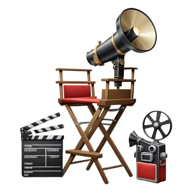 Icon for Directing: a director's chair, a film clapperboard, large movie camera, vintage megaphone and a stage with a spotlight. The icon should represent the creative and organizational aspects of directing, with focus on storytelling, staging, and performance. Transparent background. sticker