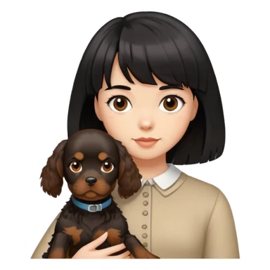A girl with short black hair and bangs holding a brown cocker spaniel sticker