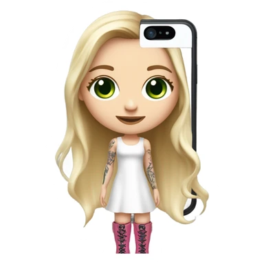 Realistic White girl with Long straight blonde hair, green eyes, tattoos, full body wearing white dress and pink knee-high leather boots, doing cute selfie pose sticker