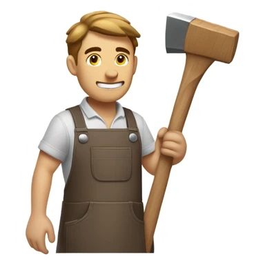 "A sturdy man with rough hands, short light brown hair, and a friendly, naive expression. He wears a work apron over simple clothes and holds a hammer" sticker