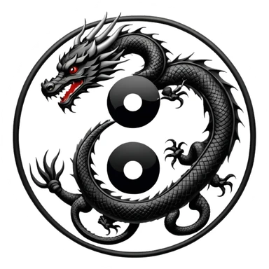 An icon symbolizing Eastern martial arts in the style of an emblem, with a black-and-white Yin-Yang symbol at the center. A dragon is placed on either side, representing strength and wisdom. The design includes bamboo and traditional elements. Transparent background sticker