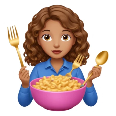 tan girl with brown wavy hair and blue eyes eating mac and cheese out of a pink bowl with a gold fork sticker