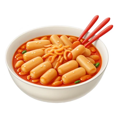 bowl of tteokbokki, Korean spicy rice cakes, glossy 3D look, soft shadows, white background sticker