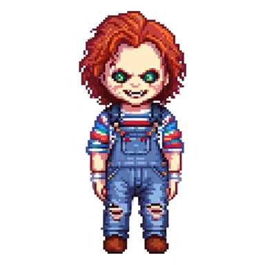 Make Chucky scarier by adding sharp teeth, glowing red eyes, and a more sinister smile in pixel art style. Keep the red hair, striped shirt, and overalls, with no background. sticker