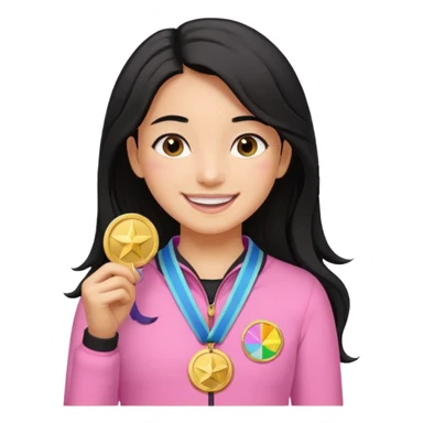 black haired girl wearing pastel pink with one medal, remove any hats, make her smile, make her hair longer, make her tan. no blue please and i said one medal only sticker