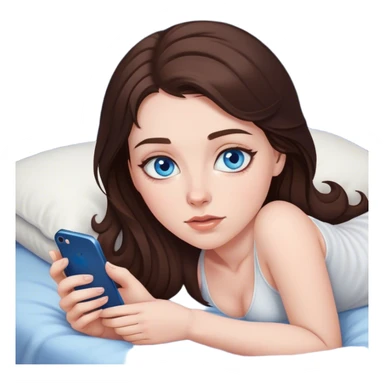 Brunett white girl with blue eyes, laying on stomach  In bed at night , using her iPhone sticker