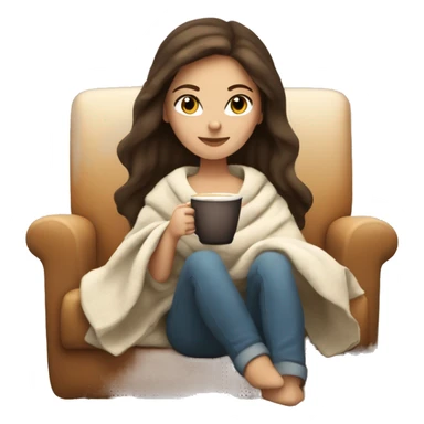 Brunette white girl covered in blanket autumn vibe sitting on a cozy chair holding coffee,  sticker