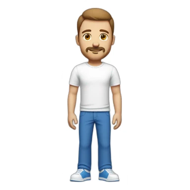a white man with a round brown head with a small beard with a mustache with medium-short hair a wide white t-shirt and very wide blue pants and white shoes sticker