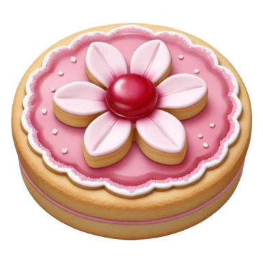Realistic shortbread cookie in the shape of a cherry blossom with pale pink color jelly middle filling and sprinkled powder sugar on top. sticker