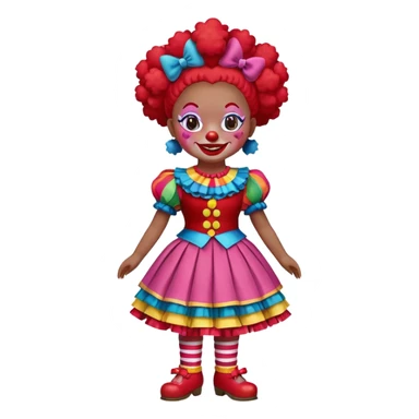 A 2D digital illustration of a cheerful female clown doll designed as the mascot for "O Mundo da Alegria", a circus run by women. The doll is wearing a red short-sleeve shirt with a red vest, and a colorful multicolor skirt featuring hues from the established palette (#da292a red, #dc6a68 pink, #e6b031 gold, #0cc0df light blue, #7ed957 green). She has small green bows on her head, rosy pastel pink cheeks, big expressive eyes, and curly black hair. The doll’s skin is warm brown. The image should be centered in a round white background (no yellow or other background color). The style should be cute, charming, vibrant, and full of joy, representing inclusivity, female empowerment, and circus magic. This is the official character and logo image for the Mundo da Alegria universe. sticker