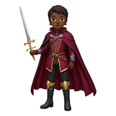 Vestimenta: Ropa de noble — chaqueta ajustada, capa corta, botas altas y espada al cinto. Colores oscuros (rojo vino, negro, granate) sticker