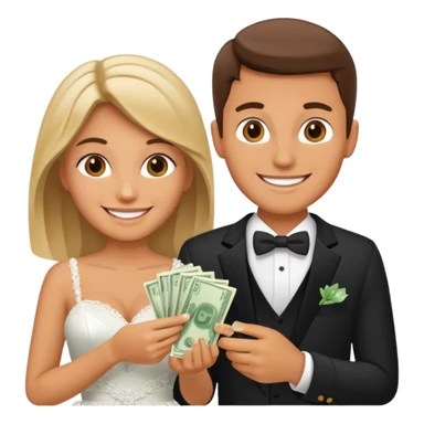 a newlywed couple holding money sticker