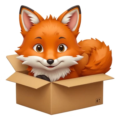 smiling fox curled in a box, gazing up with playful eyes, emoji style sticker
